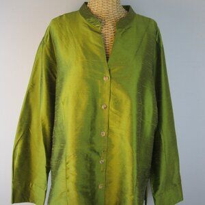 TravelSmith Plus 3X Green  100% Silk LS  Shirt Tunic Blouse Mandarin Collar